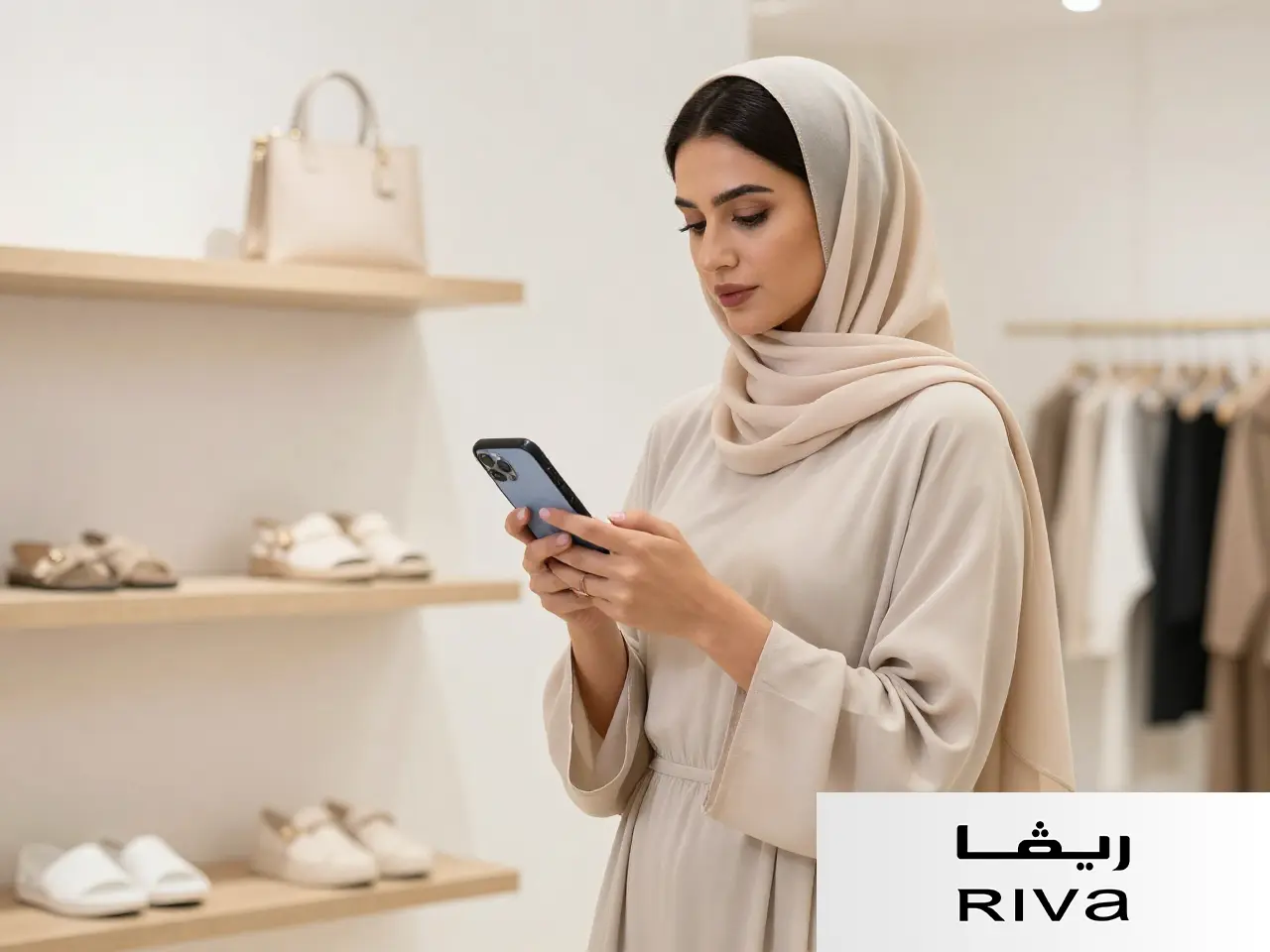 Woman wearing a beige abaya and hijab shopping on her phone inside a Riva fashion store