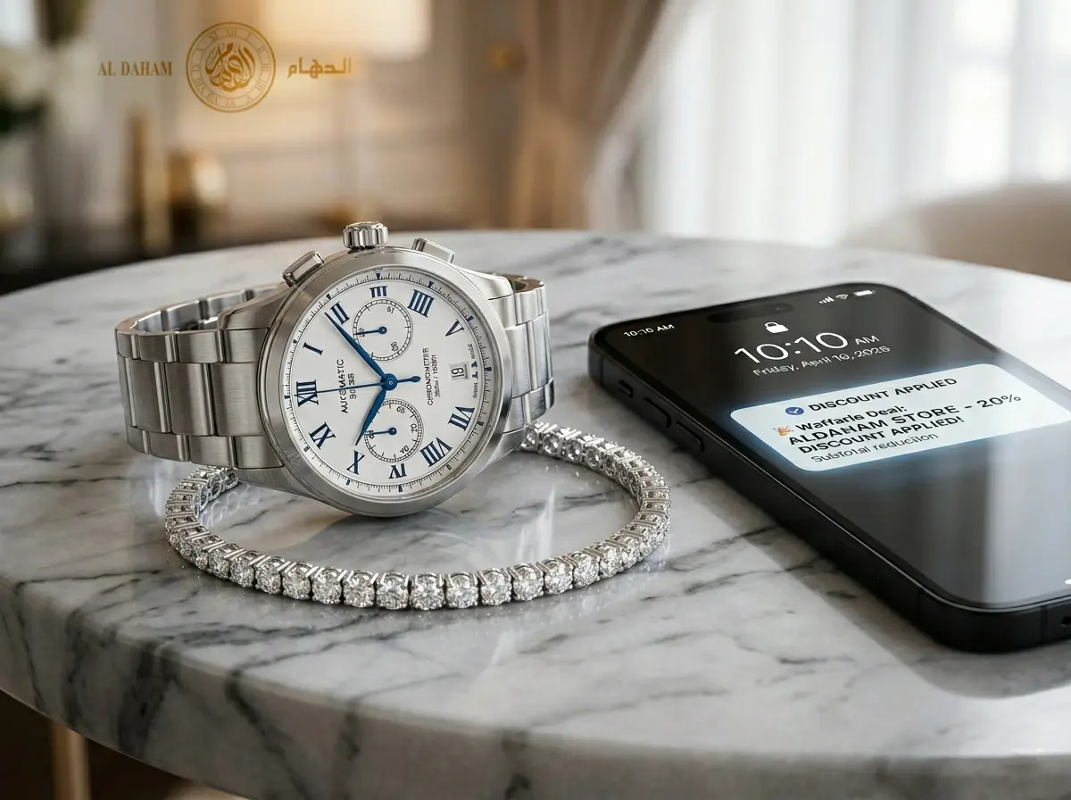 Luxury Swiss watch and diamond bracelet from Aldaham (الدهام) resting on a marble surface next to a smartphone displaying a "Discount Applied" notification for a premium shopping experience