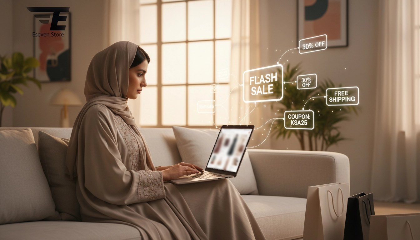 Woman shopping online on Eseven Store using laptop with flash sale, discount offers, and coupon code displayed