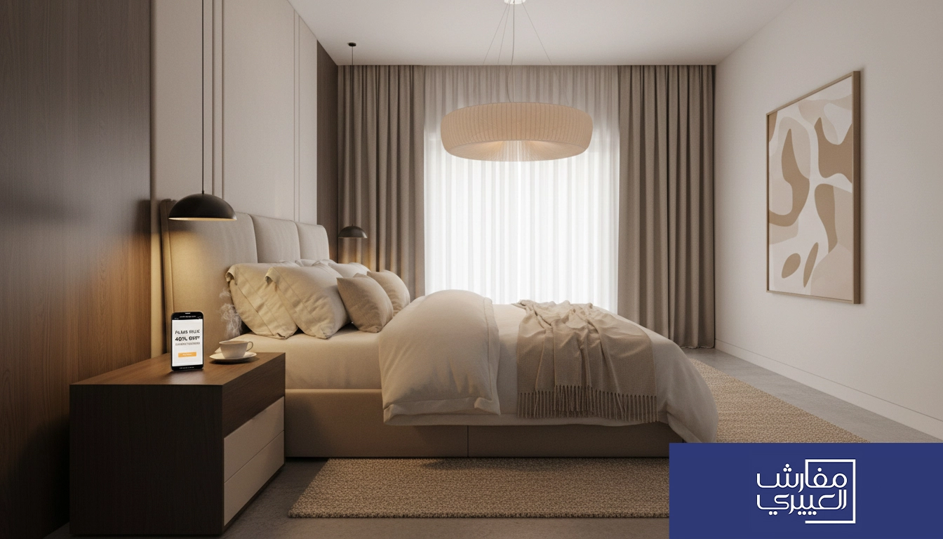 Modern bedroom with elegant bedding and cozy lighting featuring Aloyayri العييري luxury linens and stylish interior design