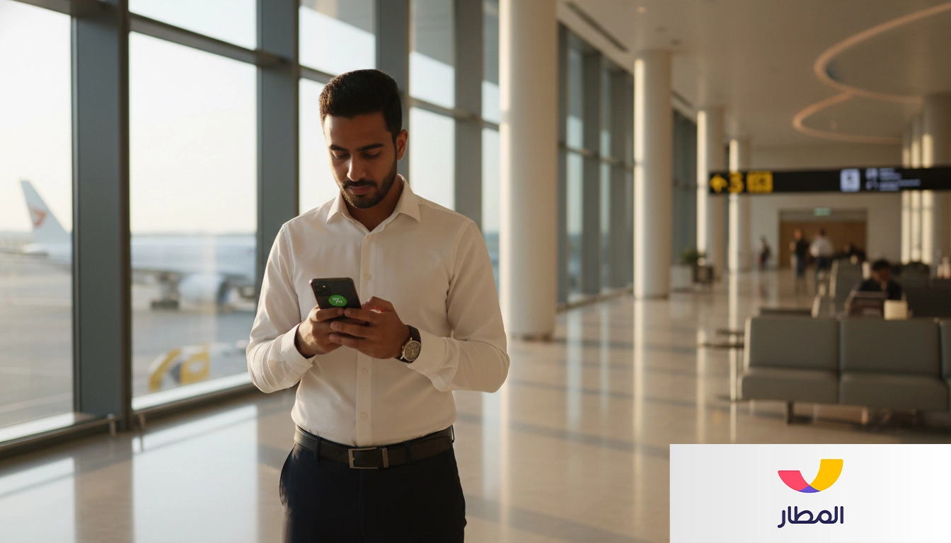 Man using his smartphone while standing inside a modern airport terminal with large windows and airplane view, representing travel booking with almatar المطار