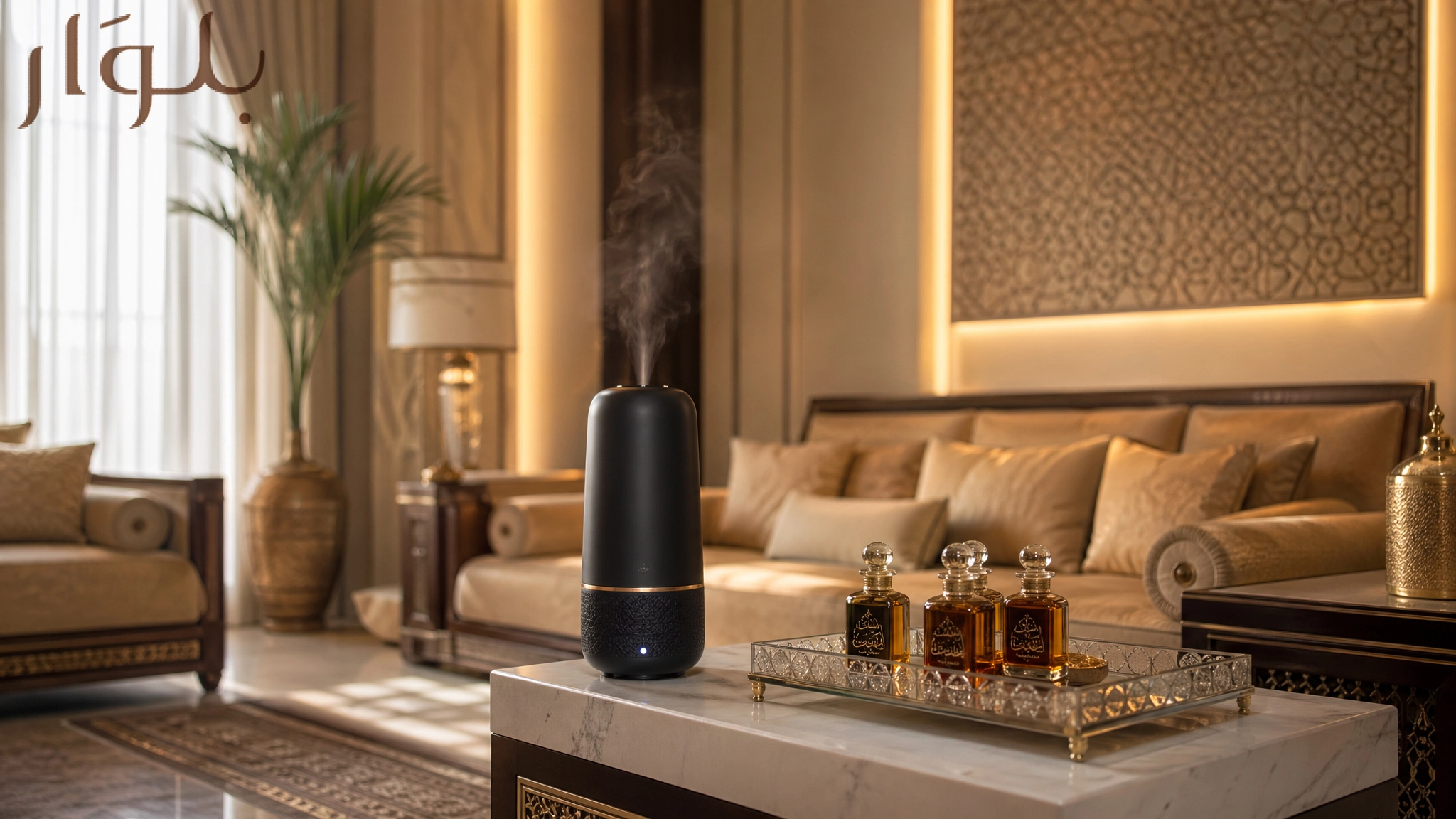 Modern luxury living room featuring a sleek black aroma diffuser emitting mist on a marble table, surrounded by elegant perfume bottles, with warm ambient lighting and Arabic décor by بلوار Beluar