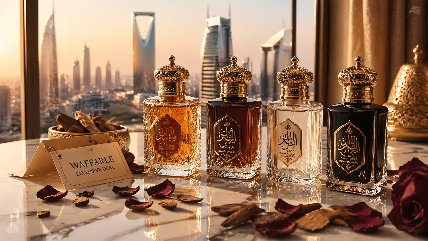 Luxury fragrance display of elegant العطور bottles with golden Arabic design, oud wood pieces, and rose petals on a marble table, featuring Waffarle exclusive deal card with Riyadh skyline in the background at sunset
