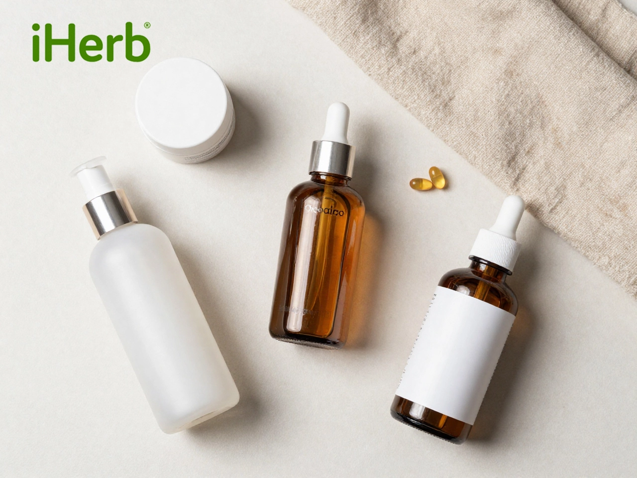 iHerb coupon deals on skincare and wellness products including bottles and vitamins, كوبونات اي هيرب لعروض العناية الذاتية والمكملات الصحية، flat lay with neutral tones and soft natural lighting