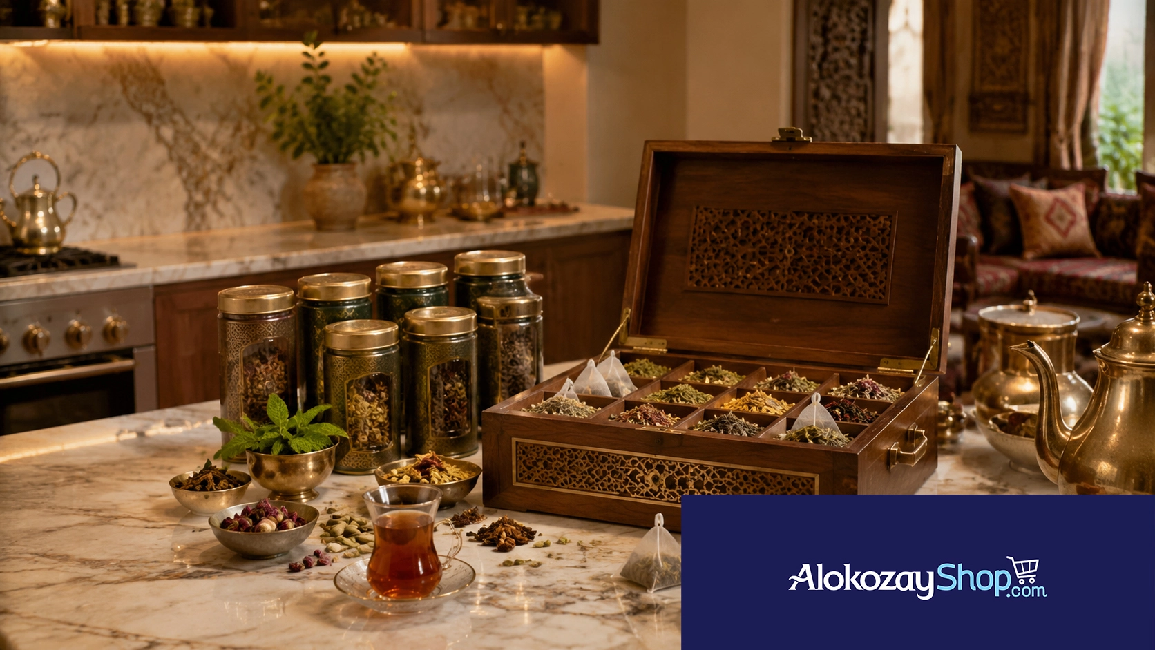 Elegant Saudi kitchen setup featuring premium herbal tea assortments, traditional Arabic tea serving accessories, and a luxury wooden tea chest inspired by Alokozay الكوزي tea culture. Warm lighting, marble countertop, fresh herbs, and a cozy majlis atmosphere reflecting authentic Saudi hospitalit