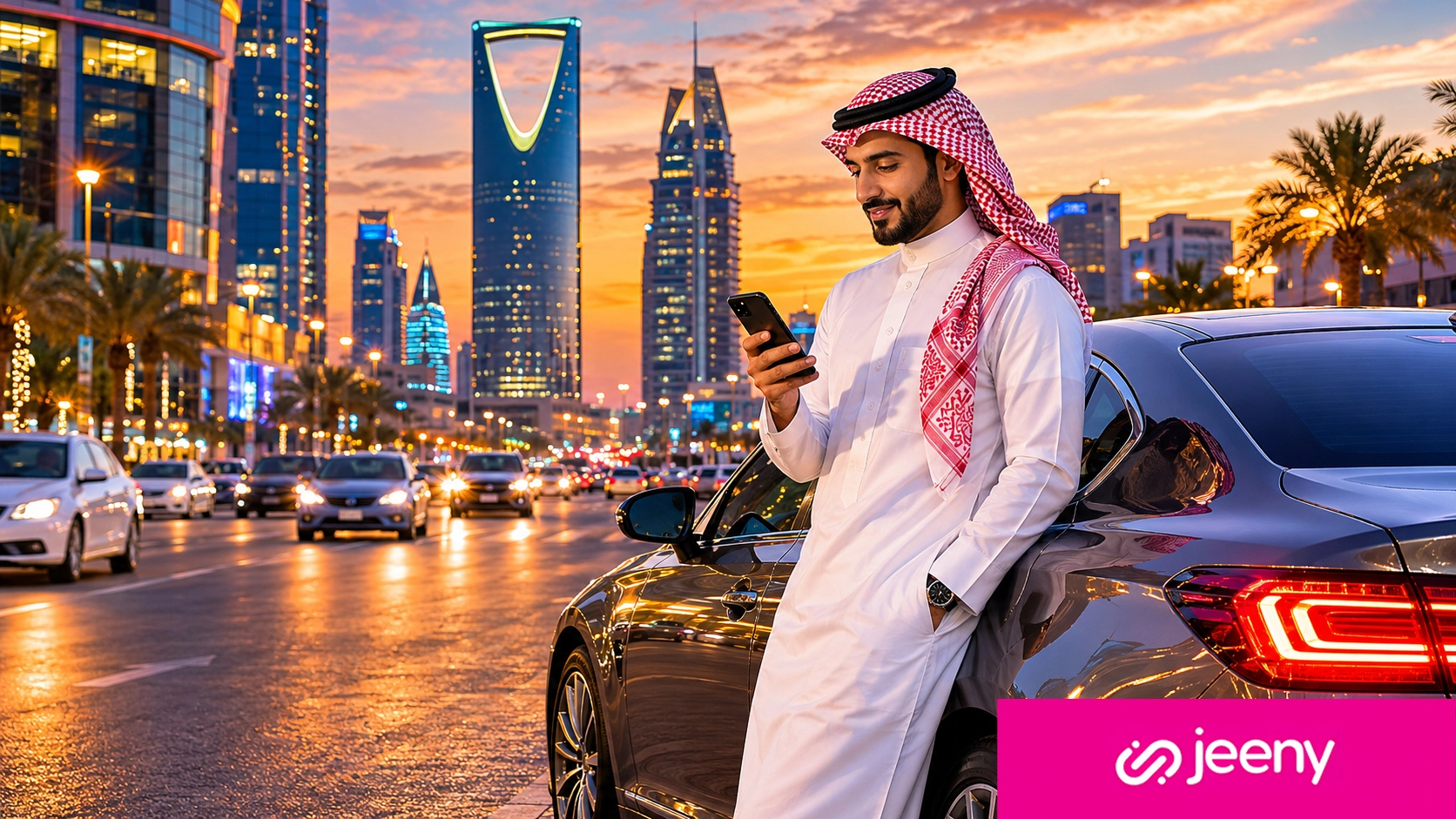 Saudi commuter using the Jeeny جيني ride-hailing app beside a modern car on a busy Riyadh street at sunset, with the Kingdom Centre Tower and city skyline in the background, showcasing smart transportation and modern urban lifestyle in Saudi Arabia