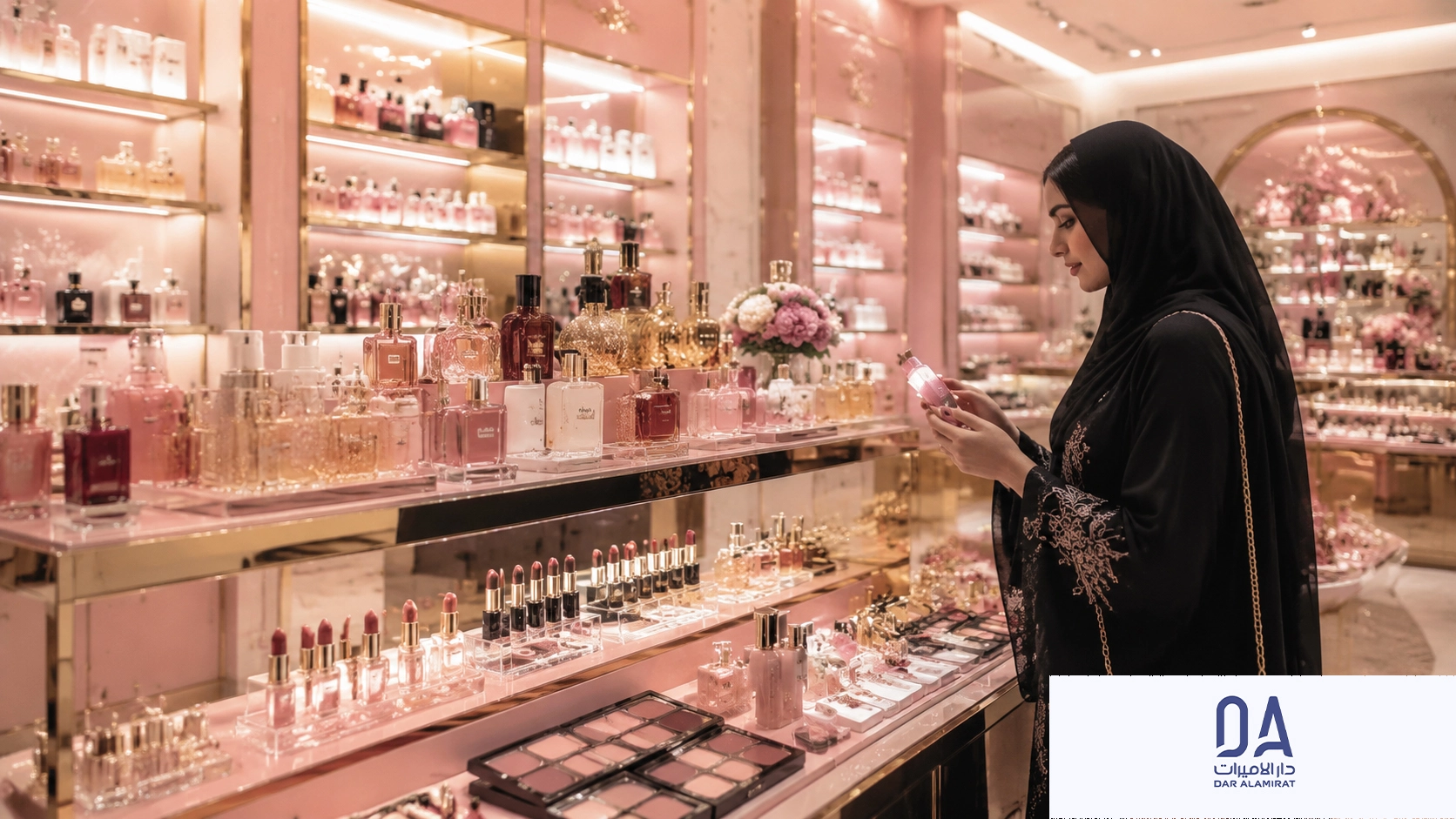 Saudi woman shopping for luxury beauty and perfume products inside a pink-themed Dar Al Amirat دار الأميرات cosmetics store featuring makeup displays, skincare products, lipsticks, and elegant fragrance collections in Saudi Arabia