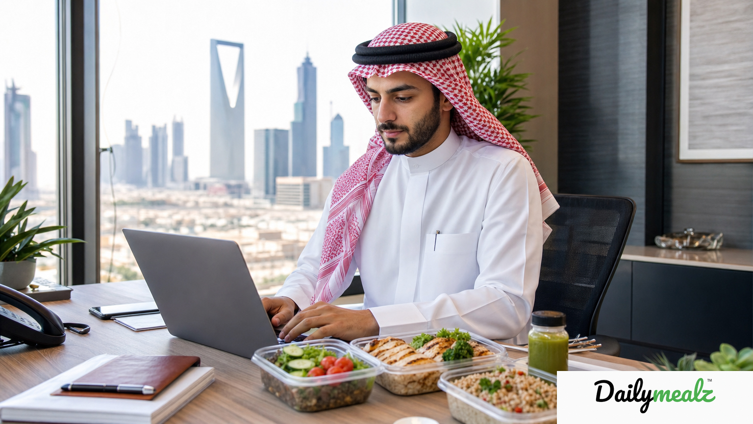 Saudi professional working in a modern Riyadh office with healthy Dailymealz ديلي ميلز meal subscription containers on the desk during a busy workday
