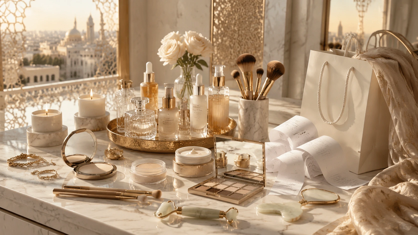 Luxury beauty and skincare الجمال products arranged on an elegant marble vanity table with makeup items, candles, shopping bags, and beauty tools in a modern Saudi-inspired luxury setting, soft golden lighting, feminine beauty aesthetic, premium beauty and self-care concept