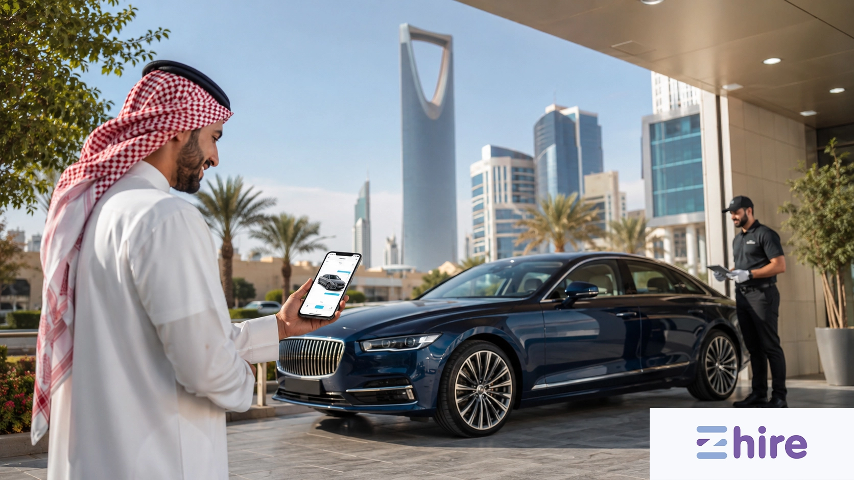 Saudi businessman booking a luxury vehicle through EZ Hire ايز هاير mobile application with Riyadh skyline in background