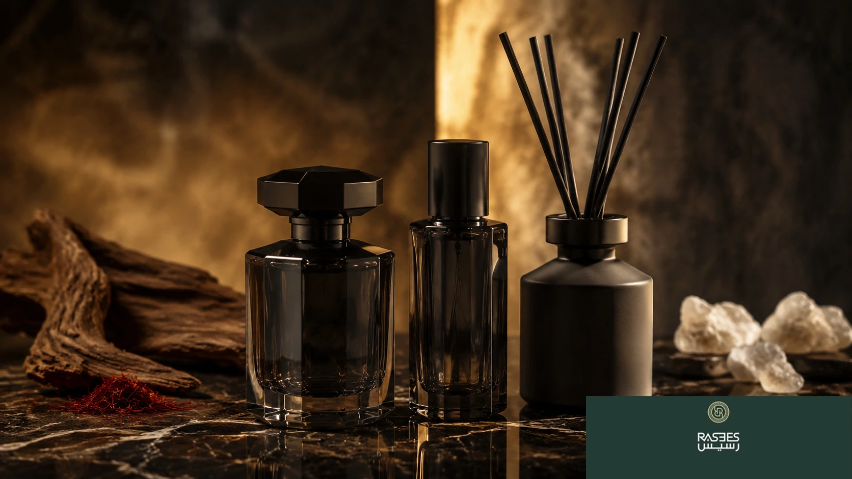 A luxury collection of premium Rasees رسيس fragrance products elegantly arranged on a polished dark marble surface. The display features a geometric dark glass perfume bottle, a sleek cylinder hair mist spray, and a matte black home room diffuser with elegant reeds. The background is lit with dramatic, warm golden light, highlighting decorative raw ingredients including a piece of natural agarwood (oud), a small pile of saffron strands, and white musk crystals, with the Rasees رسيس brand logo displayed in the bottom right corner